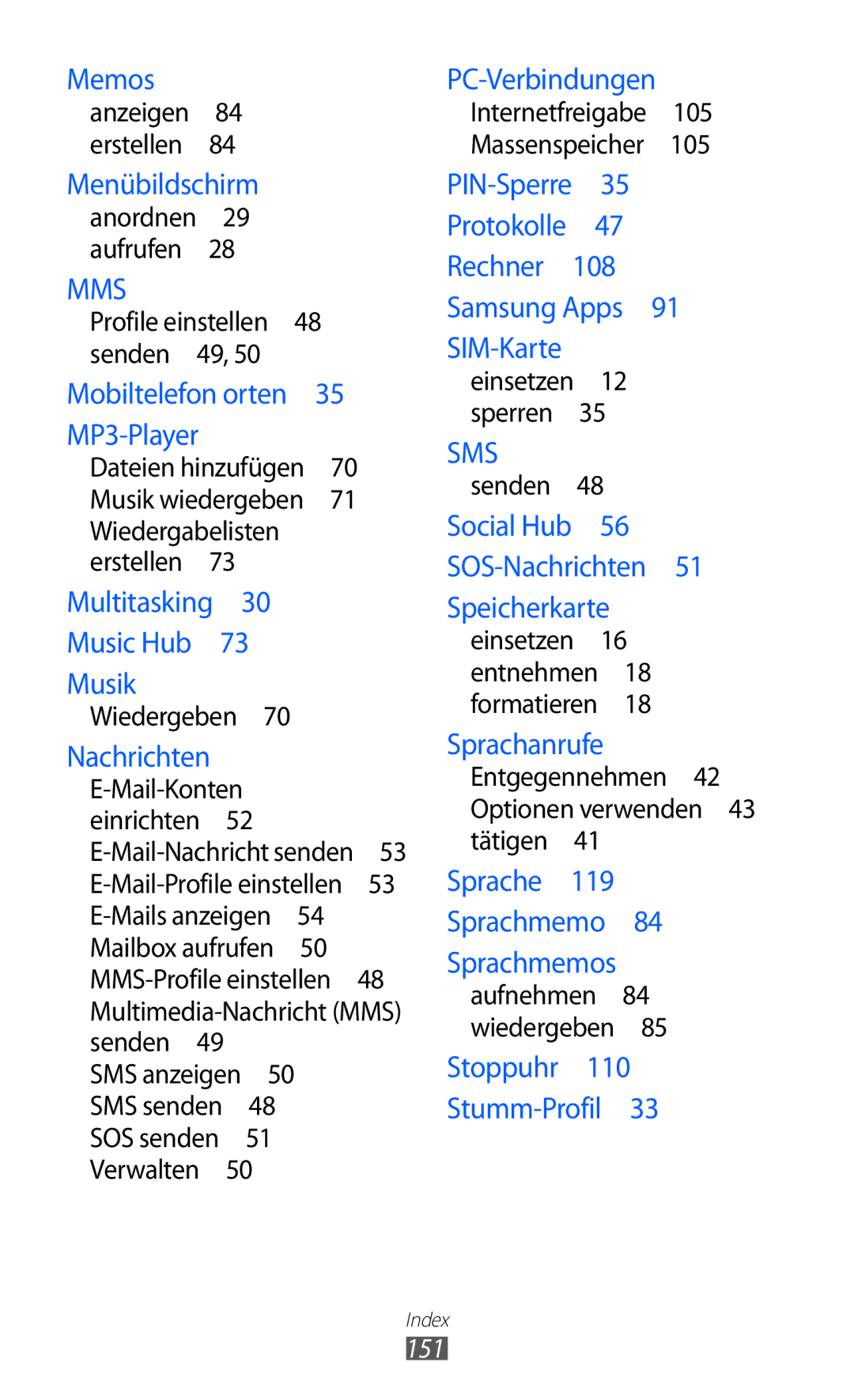 Samsung GT-S8500BAADTM, GT-S8500BAAEPL, GT-S8500HKADBT manual Senden , Entgegennehmen 42 Optionen verwenden 43 tätigen , 151 